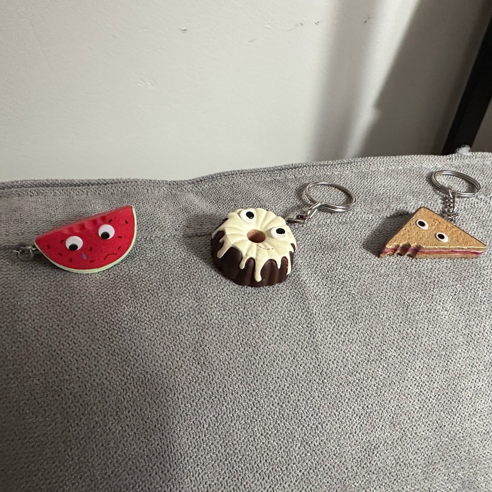 Kidrobot food keychain collectibles- Watermelon, Cake, Sandwich, latte, bacon